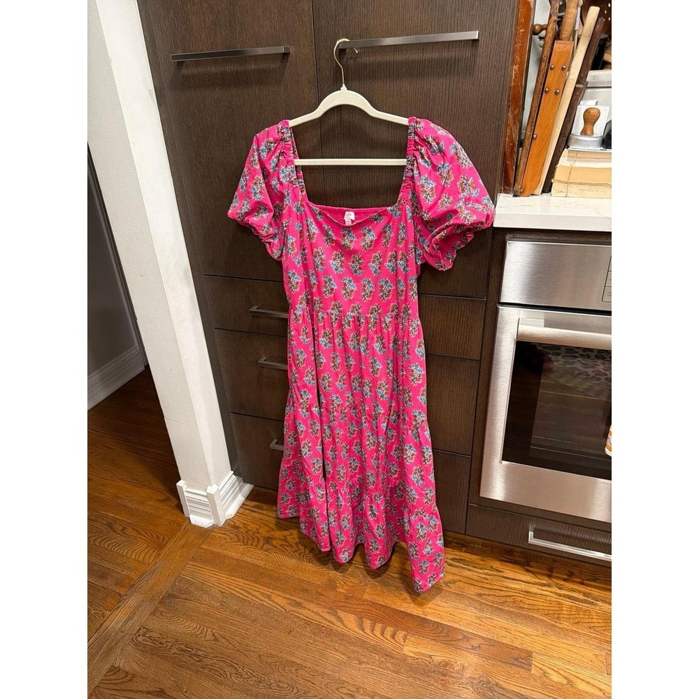 J.Crew Factory Tiered Midi Dress with Puff Sleeves in a pink floral 14